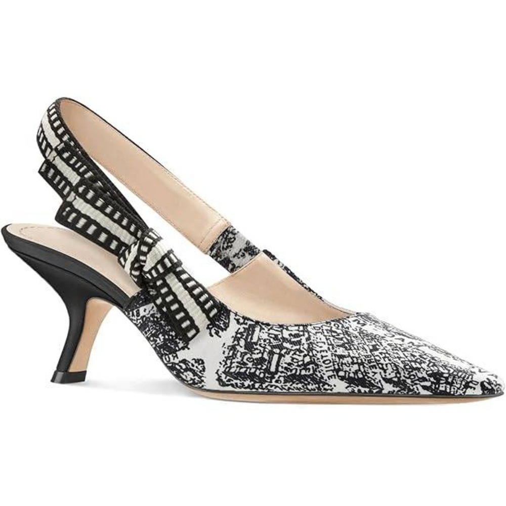 Black White French Map Print Slingback Kitten Heels Pointed Toe Bow NIB Sz 8.5